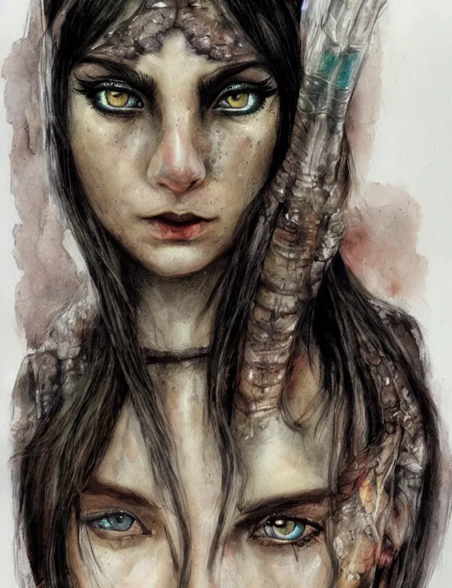 Image similar to portrait of a beautiful young sorceress from skyrim, beautiful eyes, long black hair, aquarelle, realistic painting, freckles, 2 / 4 headshot