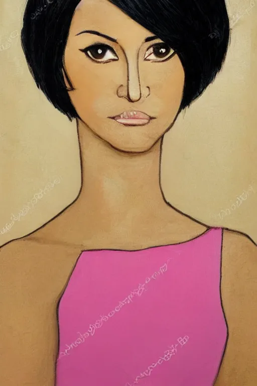 Image similar to a portrait of a beautiful woman that has a black hair, tan skin and is wearing a beautiful black and pink dress