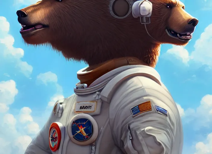 Image similar to character portrait feature of the anthro male anthropomorphic kamchatka brown bear fursona wearing cosmonaut outfit uniform professional pilot astronaut cosmonaut character design stylized by charlie bowater, ross tran, artgerm, and makoto shinkai, detailed, soft lighting, rendered in octane