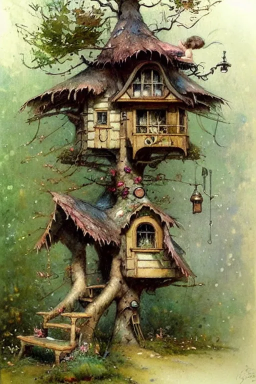 Image similar to (((((1950s fairy tale elf cottage tree house . muted colors.))))) by Jean-Baptiste Monge !!!!!!!!!!!!!!!!!!!!!!!!!!!