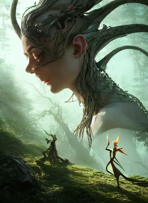 Image similar to stunning biomechanical impish elven incredible hair, masterpiece crystalline incrustations, hyperdetailed face, elegant pose, movie still, intricate, octane render, cinematic forest lighting, cgsociety, unreal engine, crepuscular rays, god rays