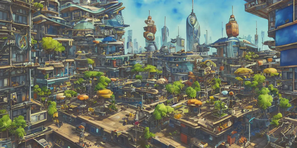 Prompt: overwatch building, stylized, exterior, architecture, watercolor gouache detailed paintings, insanely detail, artstation, 8 k, futuristic, arcane, simon stalenhag, food stall, interesting shapes & form, golden ratio, hard surface, props, decoration and furniture, megastructures, floating city, tree and plants, solarpunk, japanese downtown, utopia, kitbash 3 d