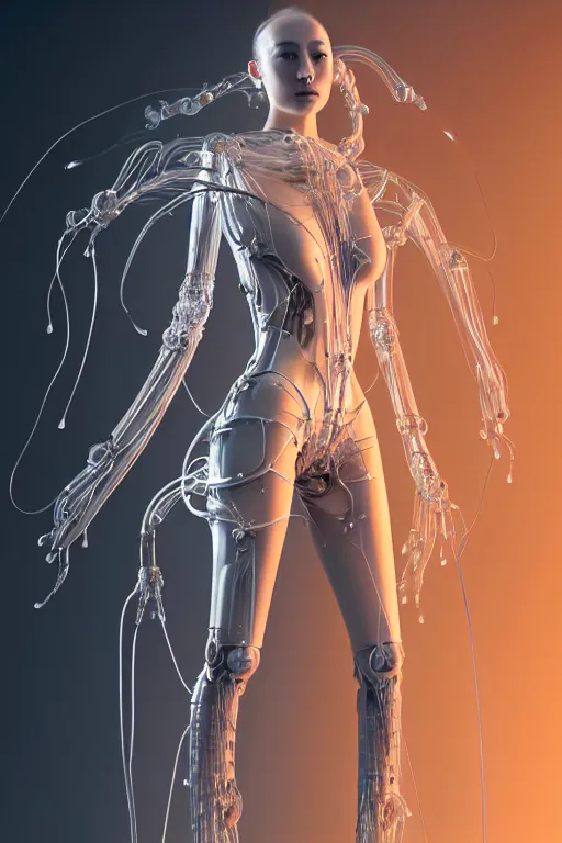 Image similar to young asian woman, iris van herpen, beautiful face, perfect symmetrical body, full body shot, inflateble shapes, wires, tubes, veins, jellyfish, white biomechanical details, wearing epic bionic cyborg implants, masterpiece, intricate, biopunk, vogue, highly detailed, artstation, concept art, cyberpunk, octane render