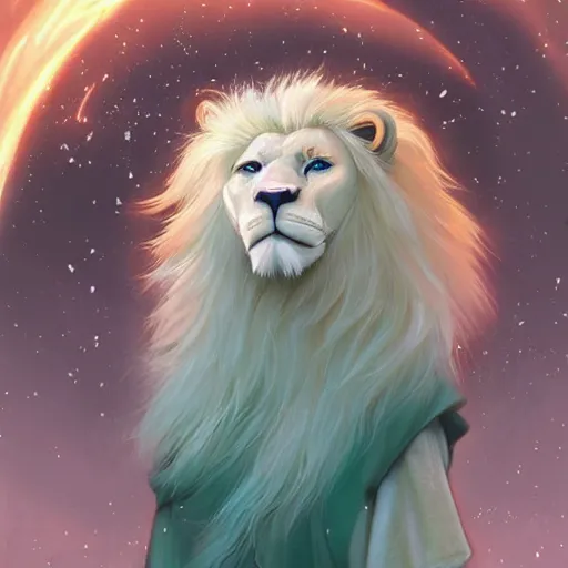 Prompt: aesthetic portrait commission of a albino male furry anthro lion controlling glistening floating bubbles with telekinesis power while wearing a mint colored cozy soft pastel wizard outfit, winter/fantasy Atmosphere. Character design by charlie bowater, ross tran, artgerm, and makoto shinkai, detailed, inked, western comic book art, 2021 award winning painting