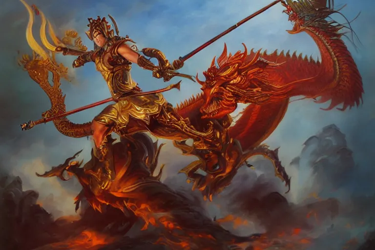 Prompt: A beautiful oil painting of Nezha with two fire wheels and a spear, fighting with a Chinese dragon king, by Boris Vallejo, epic fantasy character art, high fantasy, Exquisite detail, post-processing, low angle, masterpiece, cinematic