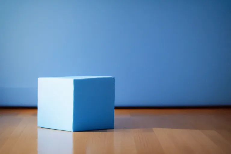 Image similar to single blue cube on white studio floor, soft light, 3 5 mm