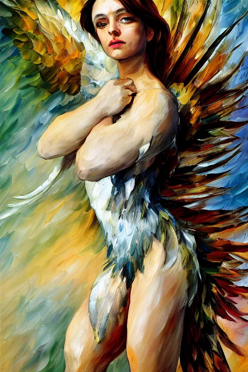 Image similar to palette knife oil painting portrait of a harpy angel girl, feathered long hair, talons, claws, horns, bones,, extreme detail, style by leonid afremov and degas, artstation trending, artgerm, deviant art, octane, substance, art history 8 k, green brown and grey earth tones palette