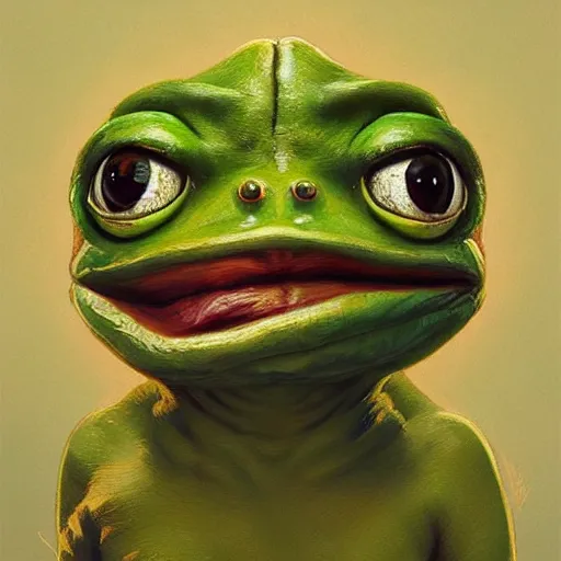 Image similar to Portrait of Little Pepe the frog playing with a big human face banana, intricate, wild, highly detailed, digital painting, artstation, concept art, smooth, sharp focus, illustration, art by artgerm and greg rutkowski and alphonse mucha