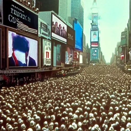 Prompt: still of donald trump clones invading time square, in barry lyndon ( 1 9 7 9 ), morning photograph