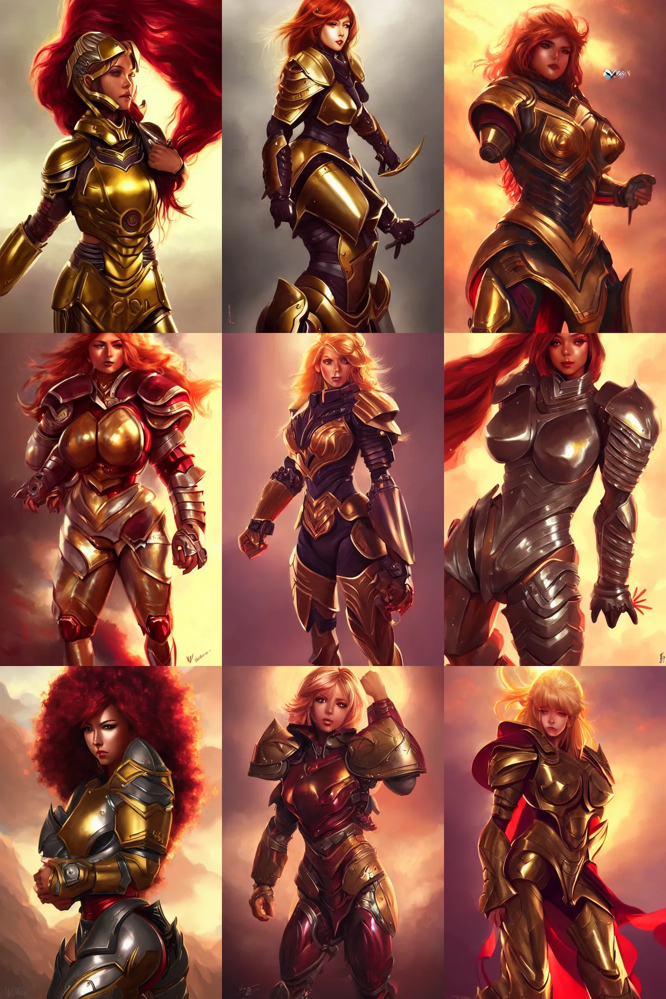 Prompt: Picture of Female Paladin, bulky armor, metallic red, golden hair, dark brown skin, becautiful face, pin-up poster girl, by wlop, artgerm and genzoman, painting, HD