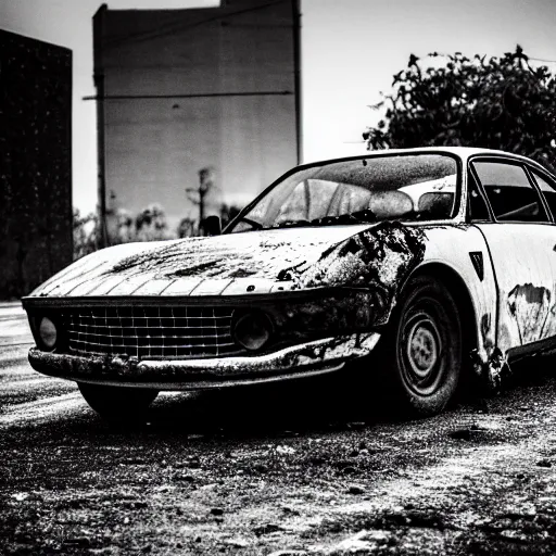 Prompt: black and white press photograph of a rusted abandoned ferrari on an empty abandoned city street, full view, detailed, natural light, mist, film grain, soft vignette, sigma 5 0 mm f / 1. 4 1 / 1 0 sec shutter, imax 7 0 mm footage