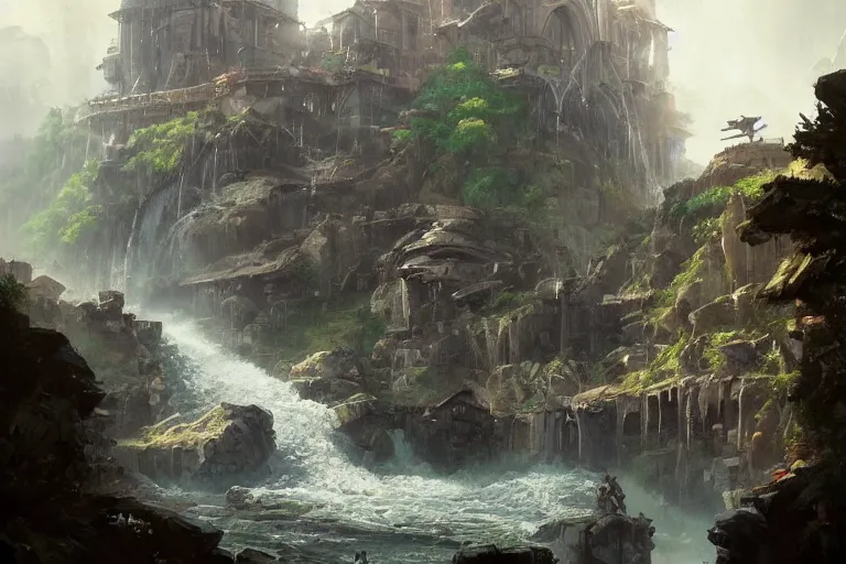 Prompt: a mechanical citadel being overtaken by waterfalls, flowing water, river rapids, by greg rutkowski