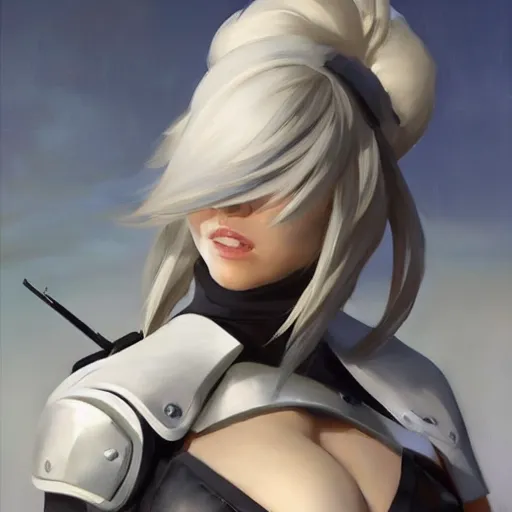 Prompt: greg manchess portrait painting of a 2 yorha type a no. 2 as overwatch character, white long hair, medium shot, asymmetrical, profile picture, organic painting, sunny day, matte painting, bold shapes, hard edges, street art, trending on artstation, by huang guangjian and gil elvgren and sachin teng