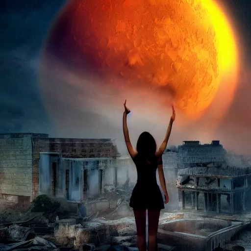 Image similar to A beautiful picture of a suicidal girl against the background of ruins of a destroyed city and a yellow -red moon, as move The Divide, extremely detailed, stunning volumetric lighting, atmosphere, hyper realism, fantasy 4k