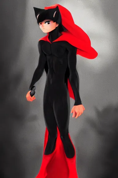 Image similar to little boy with cat ears in an black outfit with red cape. digital artwork made by lois van baarle and kentaro miura and marc simonetti, sharpness focus, inspired by hirohiko araki, anatomically correct, heroic composition, hero pose, smooth