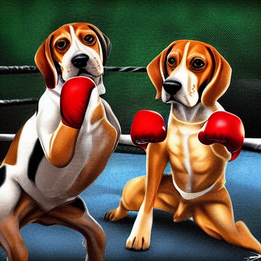 Image similar to two beagle hound dogs boxing with fists, inside a boxing ring hd, realism, hyper detail, intricate detail, 4 k