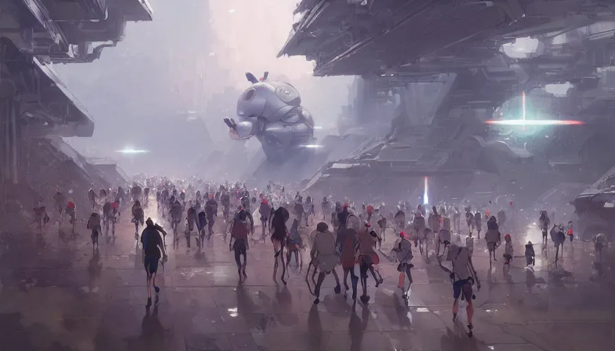 Image similar to robots and people run a marathon, yoshiyuki sadamoto artgerm greg rutkowski makoto shinkai studio ghibli, artstation