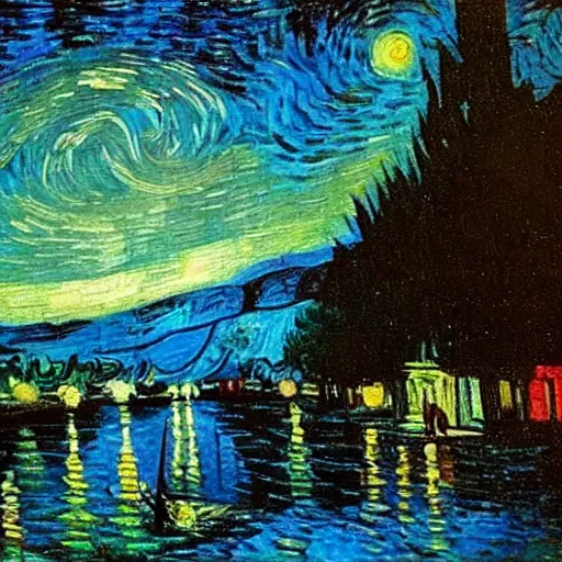 Image similar to Victorian woman singing quietly by a sacred lake at night, bright fire flies, big moon, stars, painted by Vincent van Gogh, Jacques-Louis David detailed