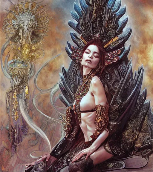 Prompt: a detailed painting of a female fantasy demon priestess sitting on a throne, art by karol bak and mark brooks and donato giancola, centered, aesthetically pleasing