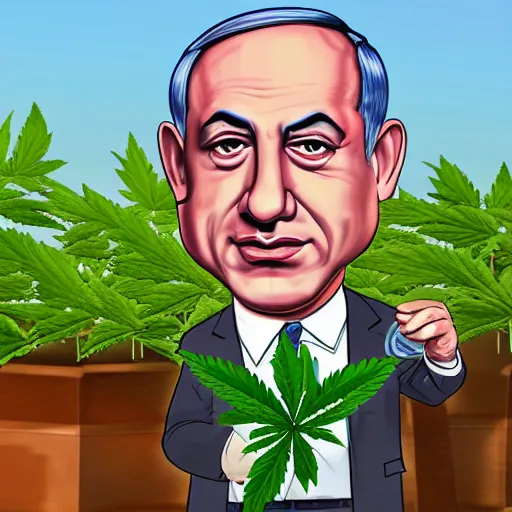 Prompt: a caricature of Benjamin Netanyahu holding a giant marijuana plant, detailed face, digital art, highly detailed