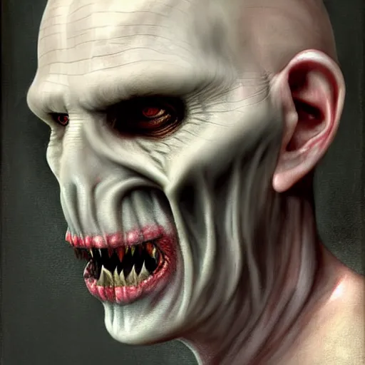 Prompt: Facial portrait. silent hill version of lord voldemort, looking at the camera, slight evil smile, lips wide parted, mouth wide open, sharp teeth visible. fear inspiring, intimidating, extremely detailed painting. by Greg Rutkowski and by Henry Justice Ford and by Steve Henderson.