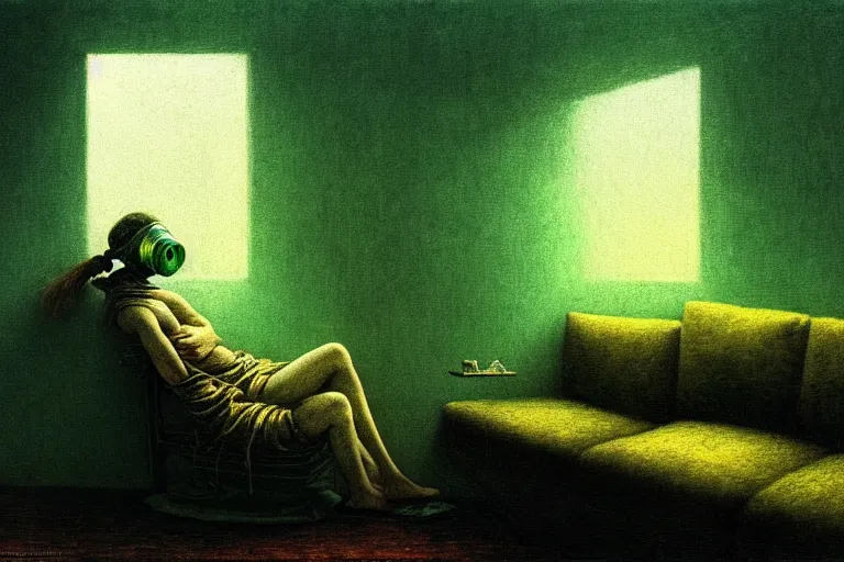 Prompt: girl with wearing a gas mask lying on the sofa reading a book in her room, in the style of beksinski, naturecore, atmospheric, intricate and epic composition, green by caravaggio, insanely quality, highly detailed, masterpiece, white light, artstation, 4 k