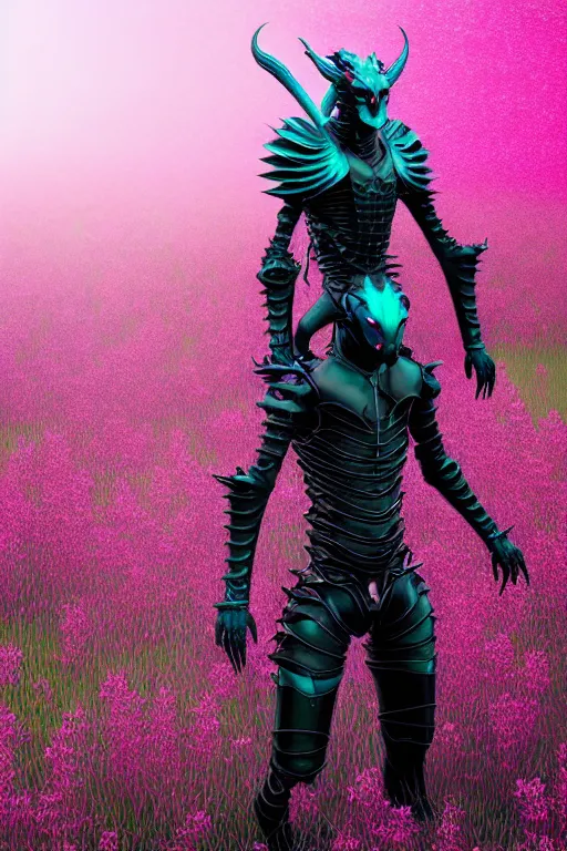 Prompt: hyperrealistic neo - gothic human dragon hybrid, exoskeleton armor, fighting with katana, field of pink flowers, highly detailed digital art masterpiece, vitaly bulgarov dramatic dark teal light, ground angle hd 8 k, sharp focus