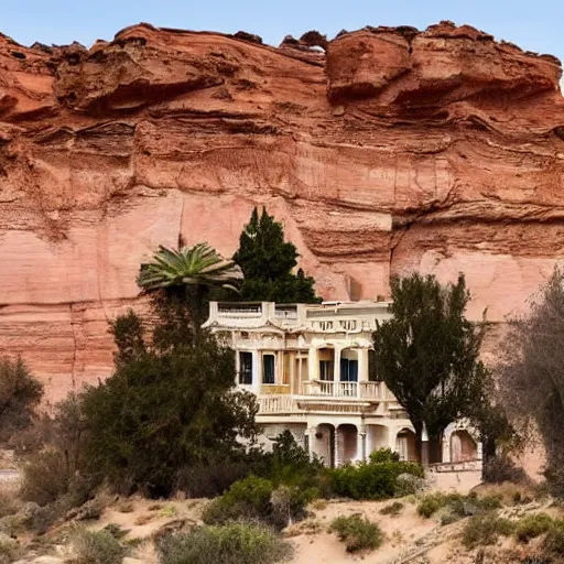 Prompt: a large, victorian mansion covered in sand in a canyon.