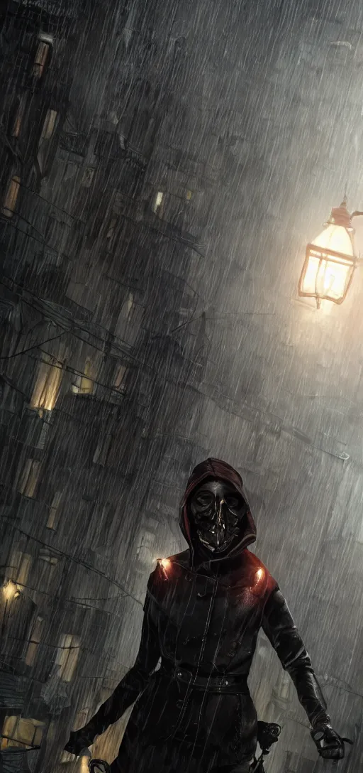 Image similar to annie leonhart in dunwall city wearing corvo attano's mask running on a roof, redshift render, cinematic lighting, rainy weather, melancholy atmosphere, dunwall city, volumetric light, octane render, dishonored game, dishonored 1, gothic architecture, realistic reflections, octane render 8 k