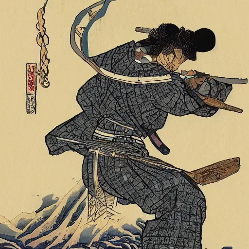 Image similar to by hokusai, samurai man vagabond, the samurai holds chains, detailed, editorial illustration, matte print, concept art, ink style, sketch, digital 2 d