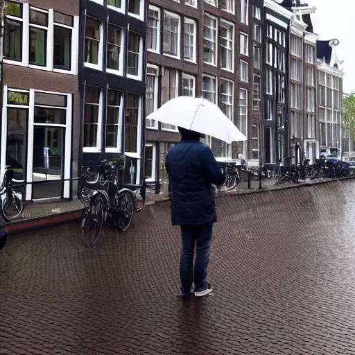 Prompt: man taking beautiful pictures with his cell phone in amsterdam on a light rainy day, photorealistic, dynamic light, ultra detailed