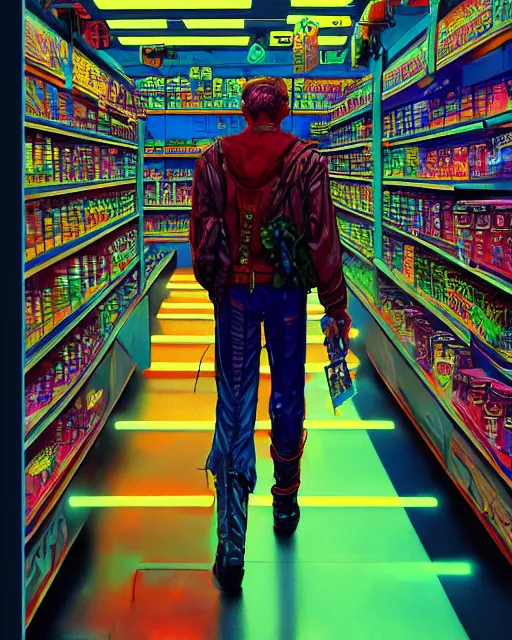 Image similar to cyberpunk man shopping at a neon soaked grocery store, science fiction painting, elegant intricate digital painting artstation, art by norman rockwell, detailed