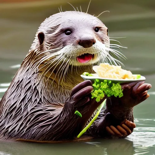 Prompt: an otter eating at a mall food court in the style of Studio Ghibli