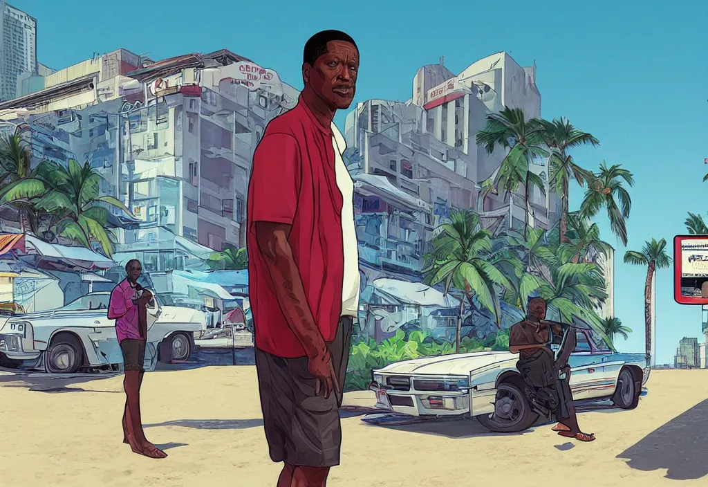 Image similar to robert cardinal sarah in grand theft auto loading screen, gta art style, illustration, beach, miami, vice city