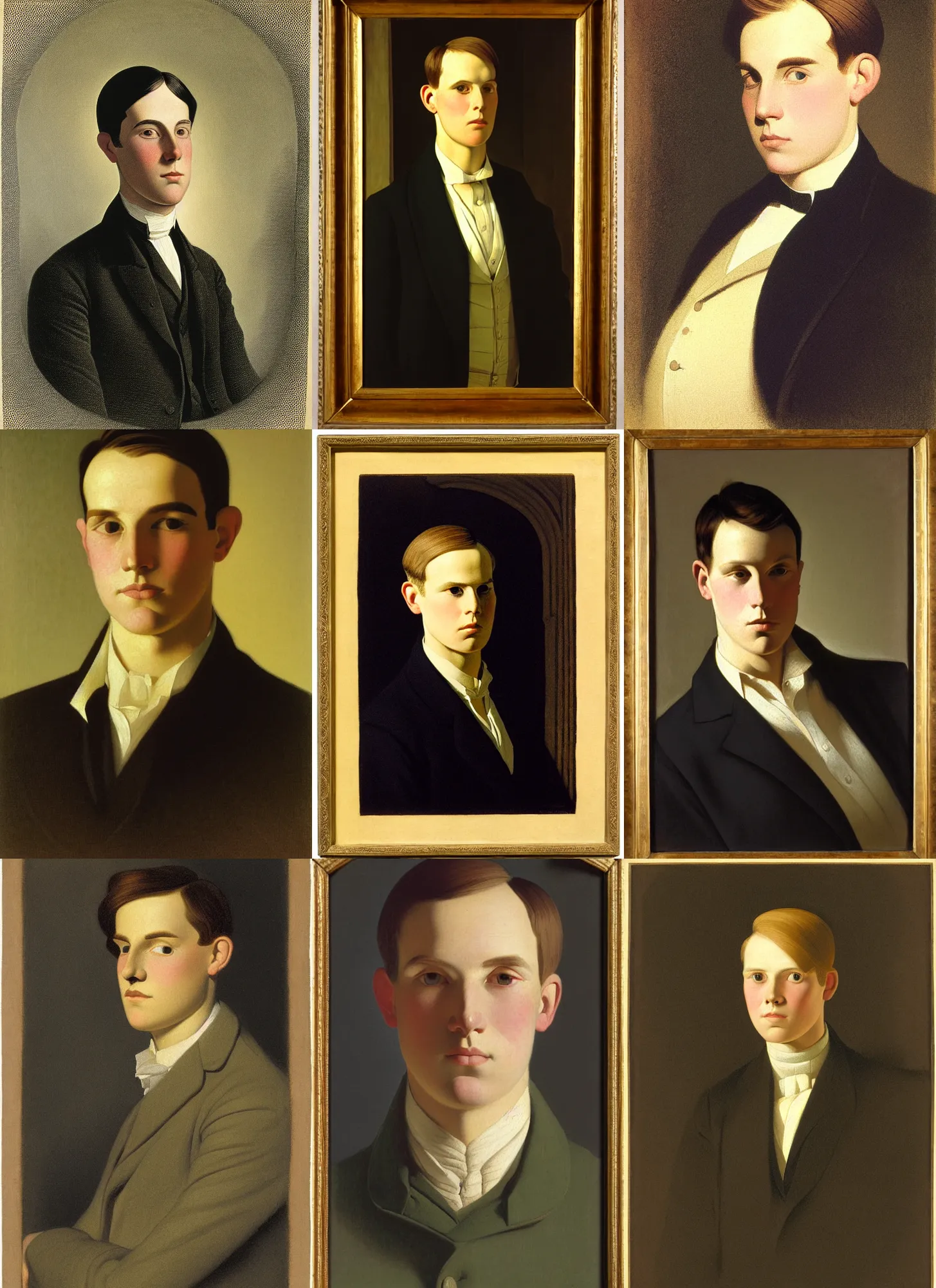 Prompt: portrait of a young man, illustrated by grant wood, alastair christian adams and henry raeburn