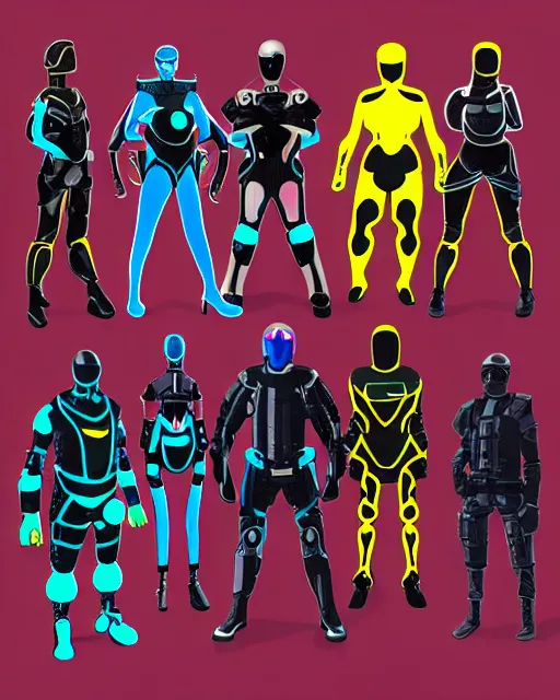 Prompt: team eight armed cybersuit gods, varied styles, luminous capes, glowing drapes, connecting life, cinematic