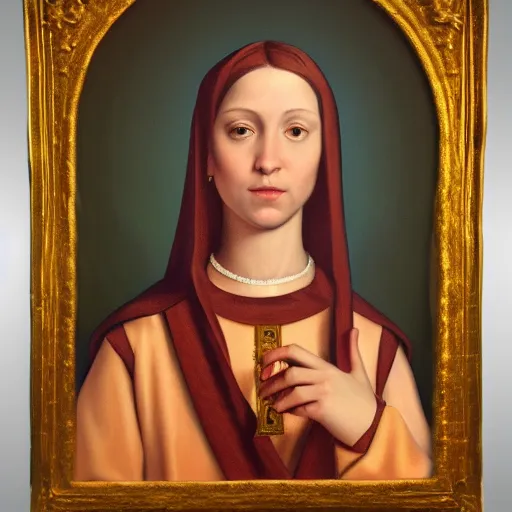 Prompt: Renaissance portrait of a holy catholic female saint, trending on art station, 4k UHD, 8k, painting illustration, high detail by Peter Stephens