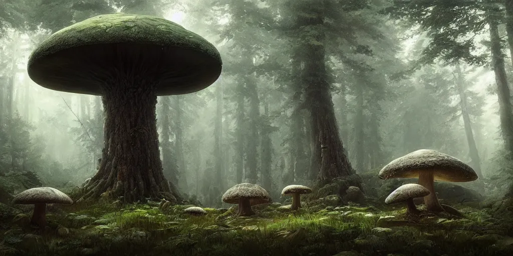 Image similar to an immense and powerful mushroom grows in a forest, it glows with an eery light, dark fantasy, Greg Rutkowski and Studio Ghibli and Ivan Shishkin
