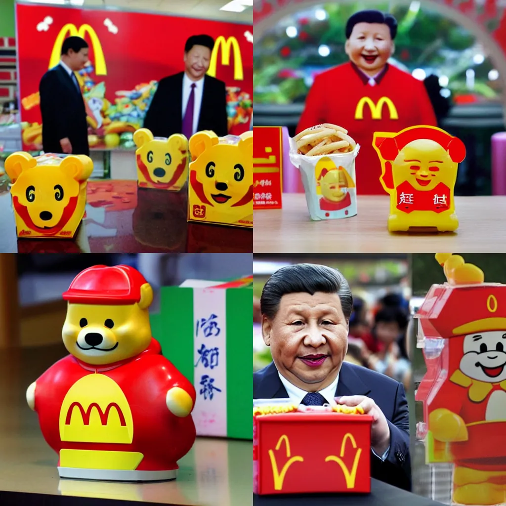 Prompt: a xi jinping toy made of plastic that comes with a mcdonald\'s happy meal