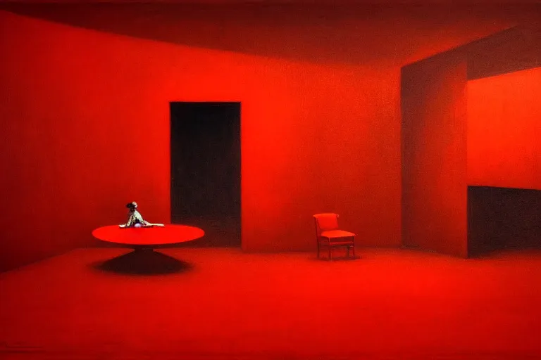 Image similar to only with red, netflix studios with workers, a big mickey mouse head in the middle of the room, in the style of beksinski, parts by edward hopper, parts by rodcenko, parts by yue minjun, intricate and epic composition, red by caravaggio, insanely quality, highly detailed, masterpiece, red light, artstation, 4 k