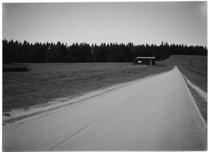 Image similar to A disposable camera picture of an empty street in a small Canadian farm town , Kodak Fling 200, 1983