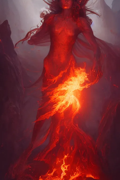 Image similar to fantasy character art by laura zalenga and alexander holllow frdosav, eldritch volcanic fire goddess clothed in a flaming gown, volcanic embers, magma, detailed matte fantasy portrait, dynamic lighting, by greg rutkowski, by peter mohrbacher, by brom, hyperrealism, detailed face, 8 k dop dof hdr