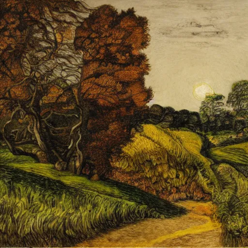 Image similar to a country path in the style of Samuel Palmer