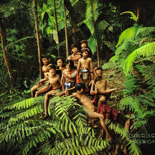 Prompt: aerial realistic expired fuji film photograph of india tribe in jungle with strange creatures