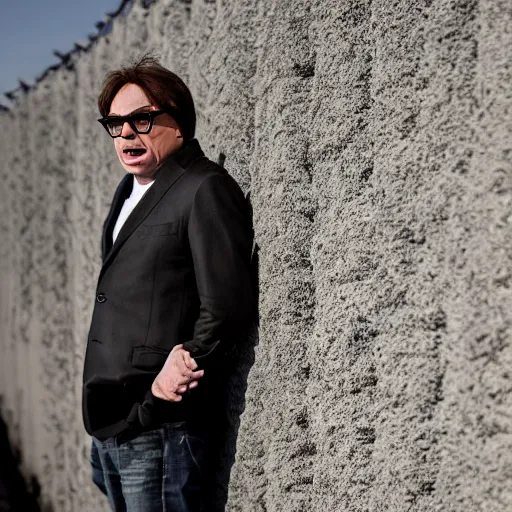 Image similar to Mike Myers (Actor/Comedian) gazing at the US-Mexican Wall, XF IQ4, f/1.4, ISO 200, 1/160s, 8K, RAW, unedited, symmetrical balance, in-frame