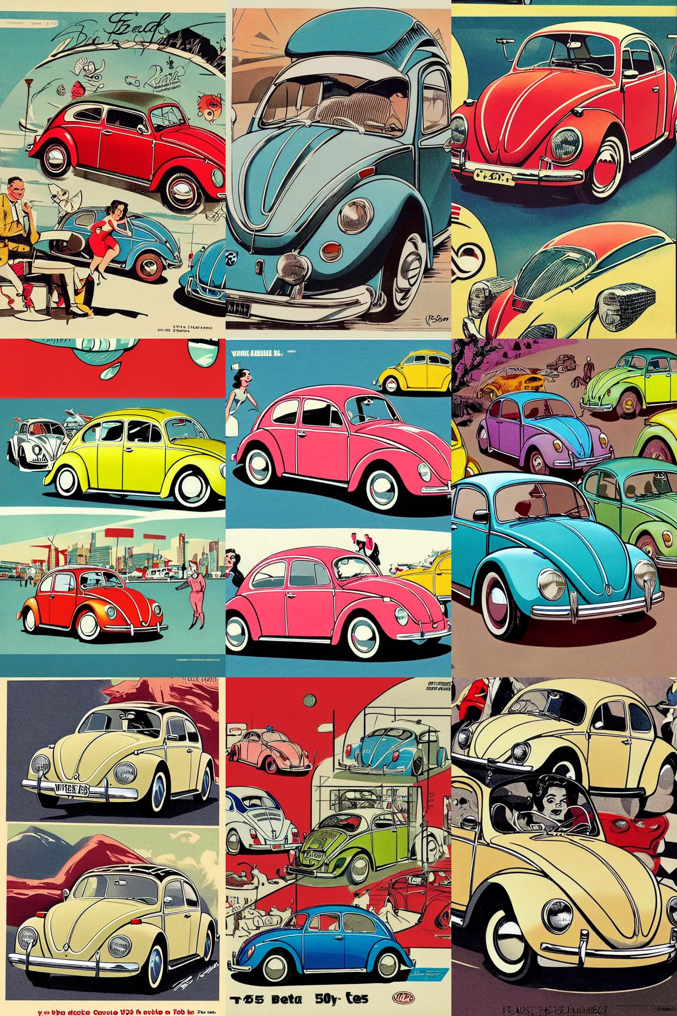 Image similar to Volkswagen Beetle car in the style of a 50s by Frank Hampson and mcbess, 1950s