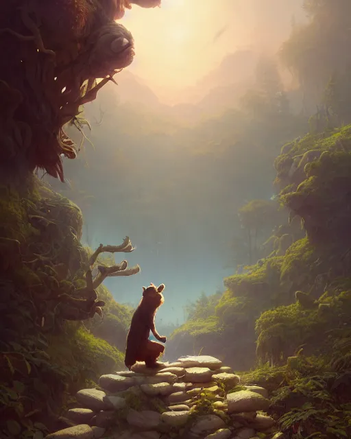 Image similar to highly detailed surreal vfx portrait of a stonepunk bear, stephen bliss, unreal engine, greg rutkowski, loish, rhads, beeple, makoto shinkai and lois van baarle, ilya kuvshinov, rossdraws, tom bagshaw, alphonse mucha, global illumination, detailed and intricate environment