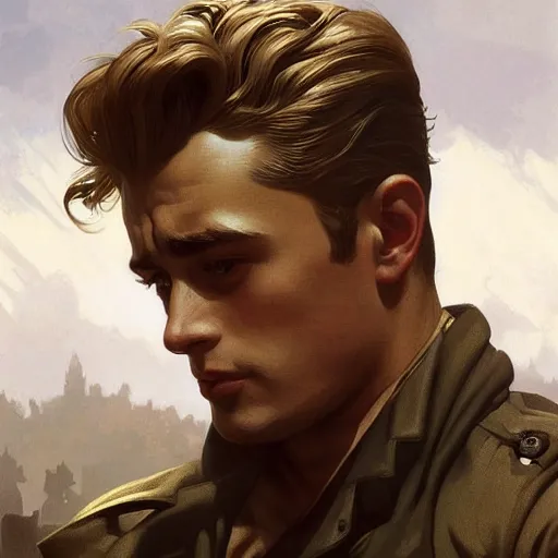 Image similar to james dean as a soldier intricate, elegant, highly detailed, digital painting, artstation, concept art, smooth, sharp focus, illustration, art by artgerm and greg rutkowski and alphonse mucha and william - adolphe bouguereau