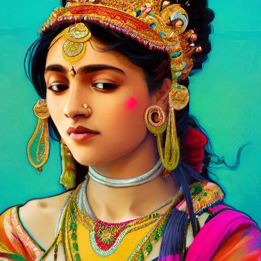 Prompt: close up portrait shot of a beautiful east indian princess wearing flowing colourful clothes, highly detailed face, detailed eyes, alphonse mucha, rhads, ross tran, artstation, artgerm, octane render, 1 6 k