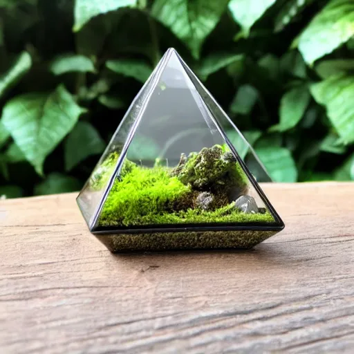 Prompt: a pyramid of glass terrarium cube with fern, moss and a ruby inside